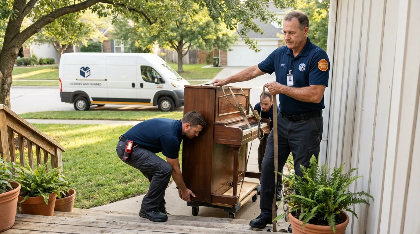 Licensed piano movers securing grand piano in Benkelman, NE