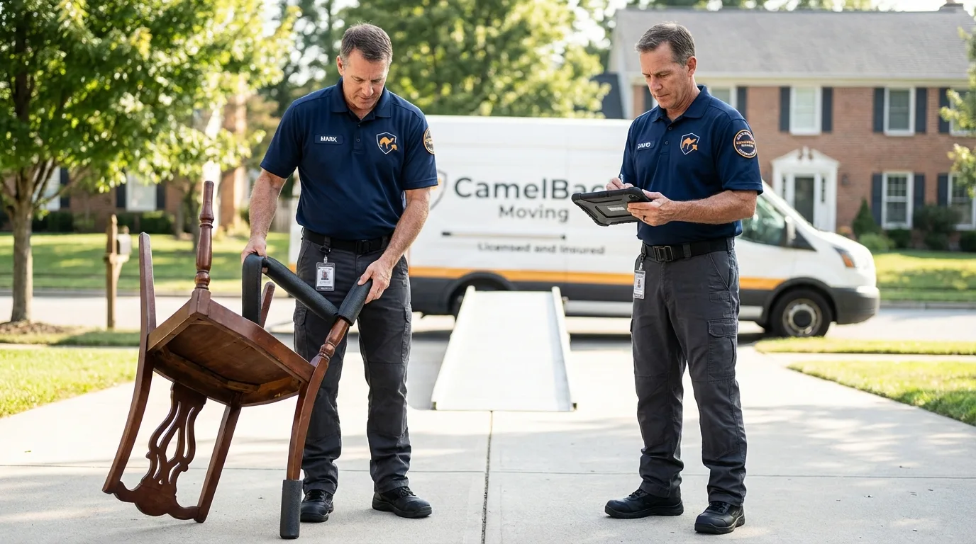 Movers inspecting furniture for damage prevention before loading in Benkelman, NE